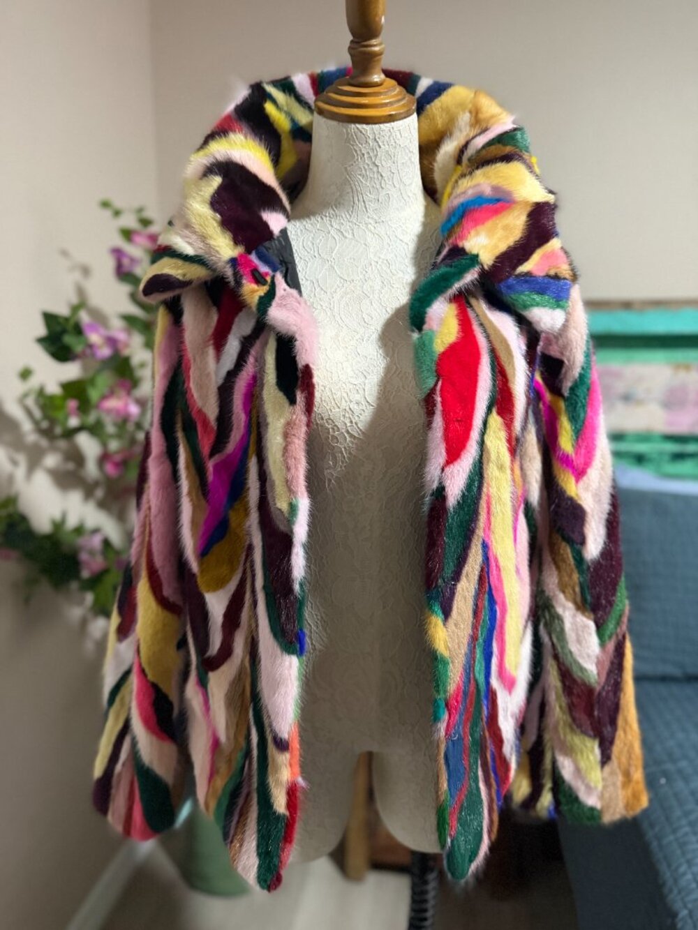 Vintage Multicolor Patchwork Mink Fur Coat Jacket M/L Statement - Picture 6 of 8